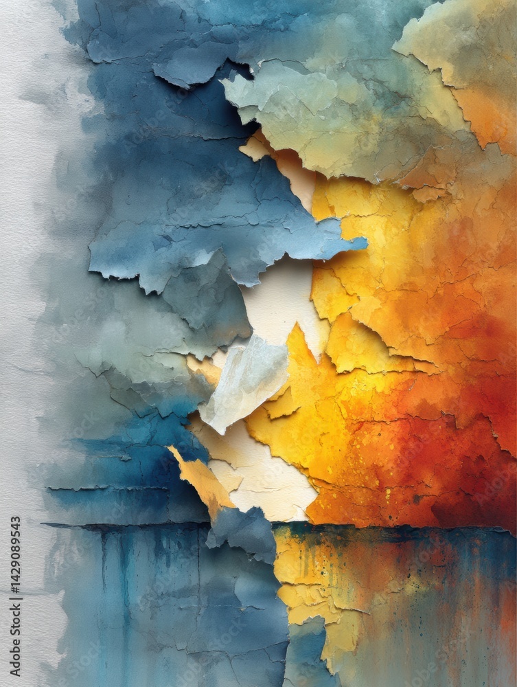 Obraz premium Torn Paper Unveils Vibrant Oil-Themed Underlayer Showcasing a Contrast of Colors and Textures
