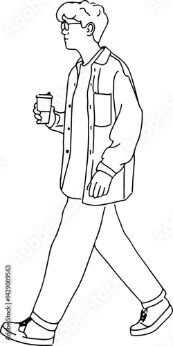 The guy goes with the coffee in a linear doodle style.