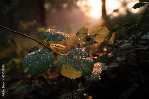 Dew-kissed leaves at dawn photo