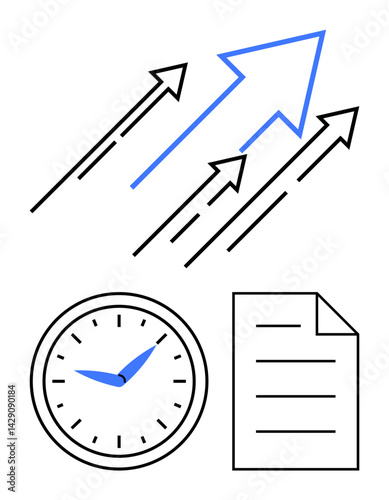 Arrows pointing upward signify growth. Clock shows time relevance, and document highlights organization. Ideal for progress, success, time management, strategy, productivity, business planning