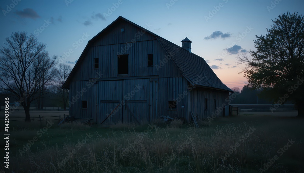 Obraz premium Rustic Barn at Dusk with Calm Sky and Surrounding Nature Landscape