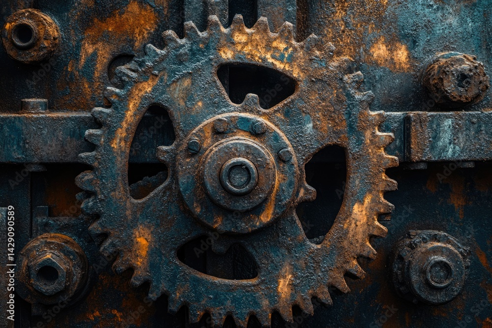 A rusty, aged gear mechanism, showcasing the texture and patina of industrial time. A rusty, aged gear mechanism, showcasing the texture and patina of industrial time.