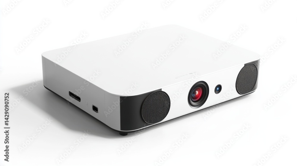 A projector with an ultra-thin profile and integrated speakers, isolated on a clean white background A projector with an ultra-thin profile and integrated speakers, isolated on a clean white background