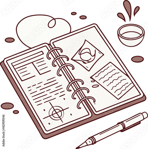 Creative Workspace Planner with Pen and Coffee – Hand Drawn Illustration