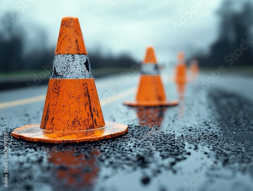 Road safety measures orange traffic cones on wet asphalt road urban environment close-up view safety awareness