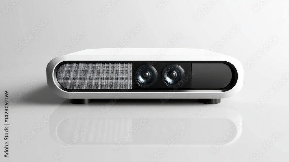 A sleek modern projector with a minimalistic design on a solid white background A sleek modern projector with a minimalistic design on a solid white background