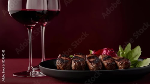 Grilled meat served on a simple plate alongside an elegant glass of red wine on a dark red background. v3