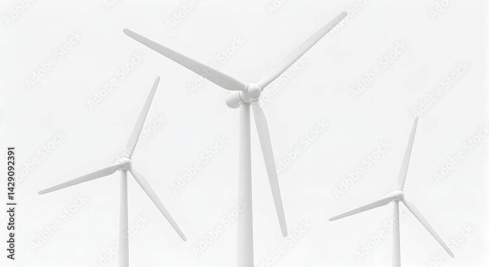 Three White Wind Turbines Against White Background Generating Renewable Wind Power Three White Wind Turbines Against White Background Generating Renewable Wind Power