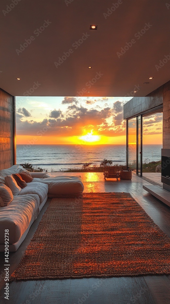 Obraz premium Interior living room with large window overlooking ocean at sunset or sunrise.
