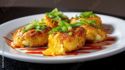 An eye level shot of a plate of cheesy Cajun crab cakes. The crab cakes contain the following ingredients, jumbo lump crabmeat, Cajun seasoning and gooey processed cheddar cheese.