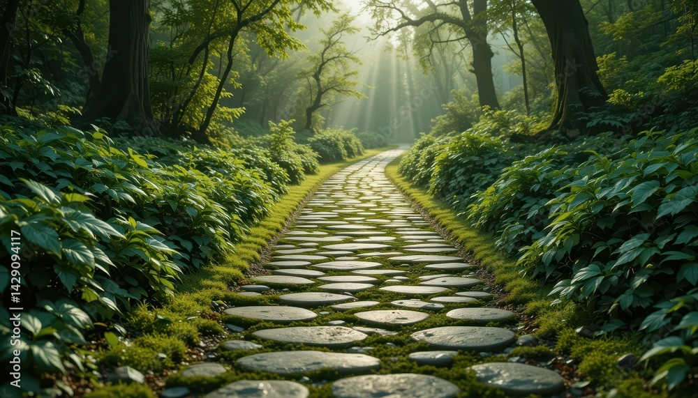 Naklejka premium Serene Pathway Surrounded by Lush Greenery and Soft Sunlight