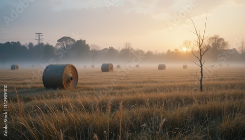 Misty Sunrise Over Hay Bales in Rural Landscape at Dawn