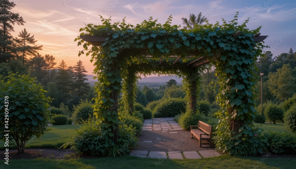 Obraz premium Serene Garden Archway Framed by Lush Greenery at Sunset
