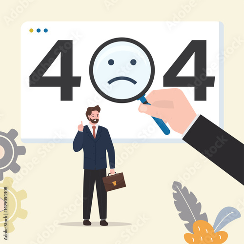 404 Error Page or File not found for webpage, businessman looking at website message through magnifying glass. Unhappy user cannot open web page,
