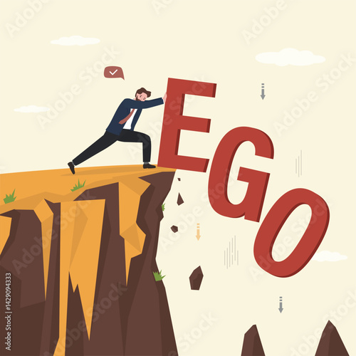 Confident businessman throw ego from cliff to abyss. Egoism avoidance. Character get rid of Ego as bad habit. Person develop and improve his nature, human behavior,