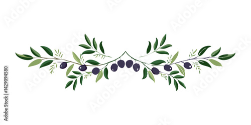 Olive branch divider with dark olives in watercolor style
