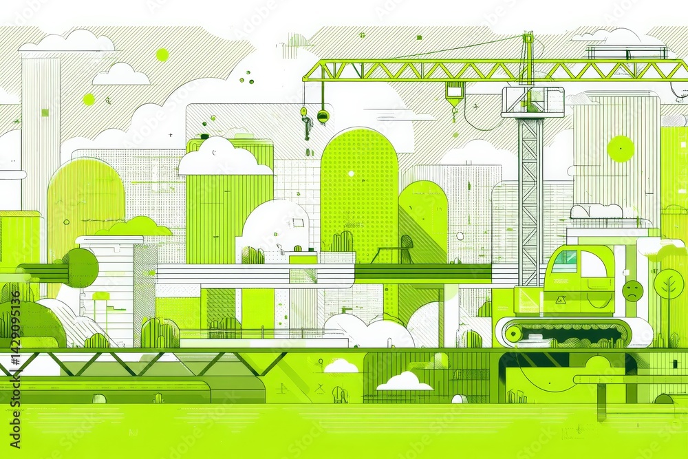 Modern Urban Construction with Green Elements and Abstract Design