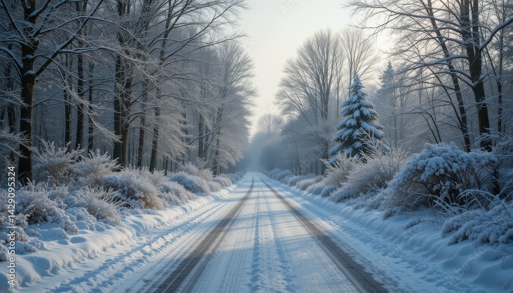 Fototapeta premium Serene Winter Landscape with Snow-Covered Trees and Tranquil Road