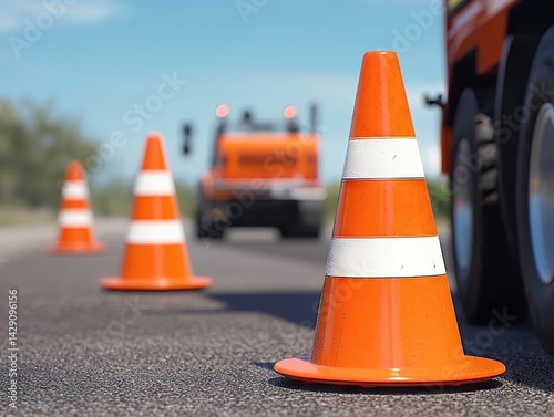 Traffic control operation roadwork site safety equipment urban environment ground level view road safety concept