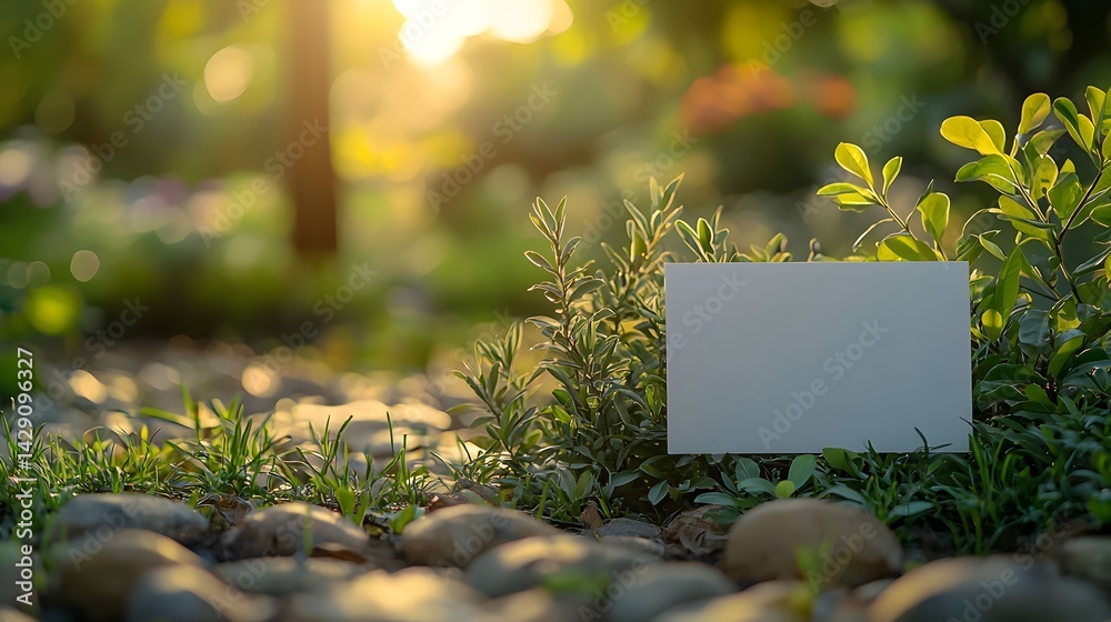 A blank frame rests among lush greenery in a peaceful outdoor setting long title A simple white frame or card is placed amidst a serene natural