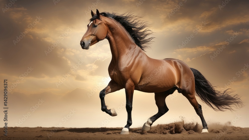 Black Horse Rearing Majestically in Golden Field under Blue Sky Black Horse Rearing Majestically in Golden Field under Blue Sky