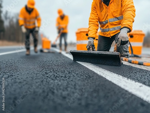 Road construction workers paving asphalt on highway urban area photography outdoor ground level perspective