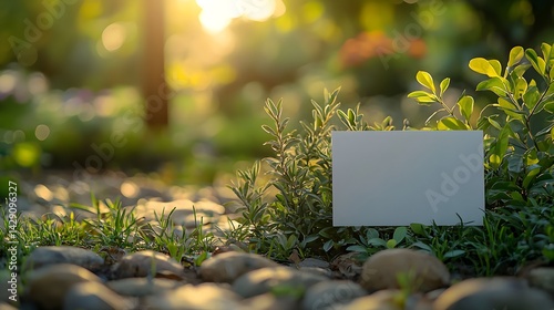 Obraz na płótnie A blank frame rests among lush greenery in a peaceful outdoor setting long title A simple white frame or card is placed amidst a serene natural w salonie