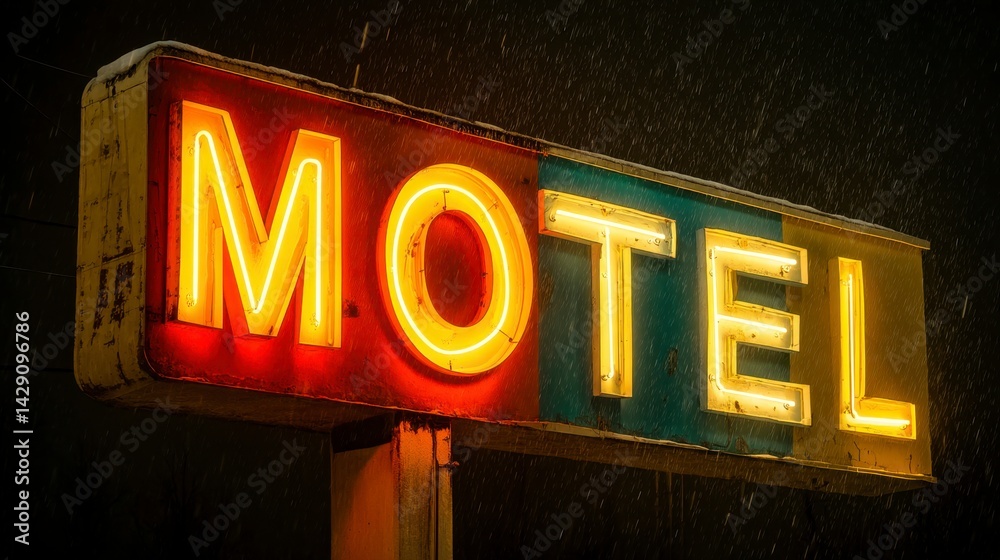 Obraz premium Retro motel sign at night, illuminated with red, yellow, and blue neon lights, snow falling.
