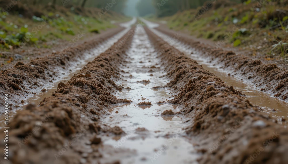 Naklejka premium Wet Muddy Path with Water Puddles through Green Forest Landscape