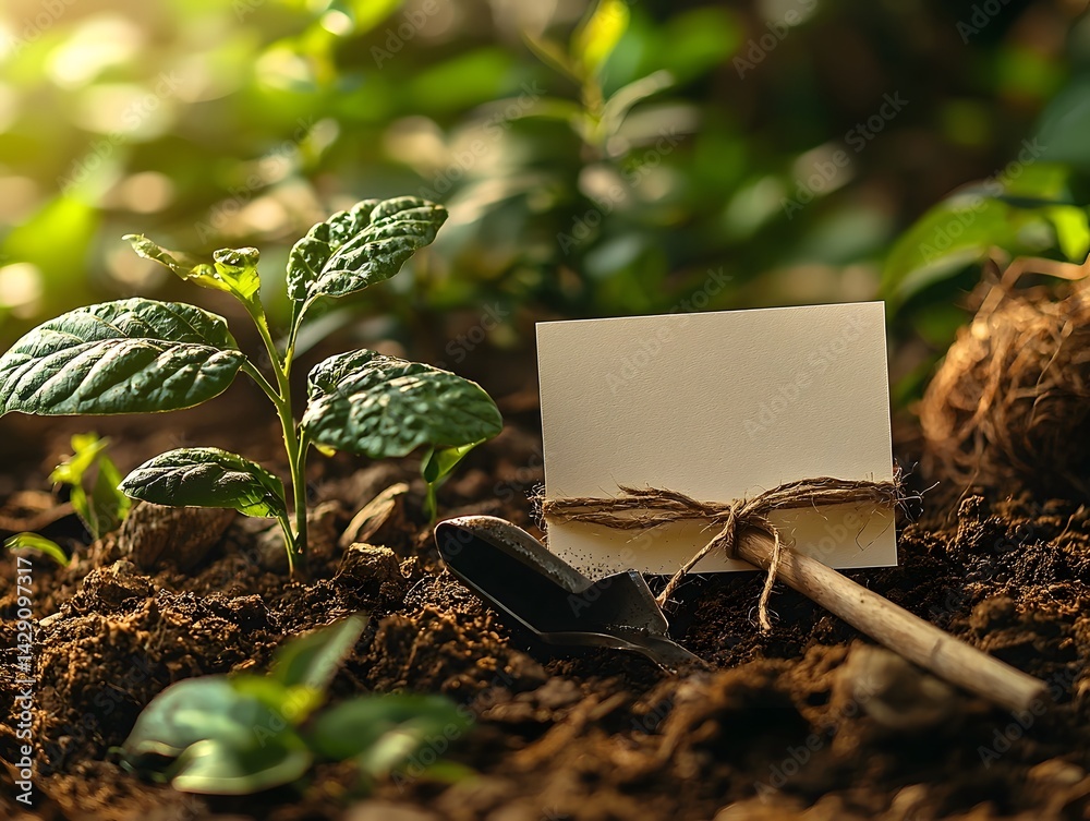 A blank card in a garden setting with a shovel long title A blank white gift card tied to the handle of a shovel set amid lush greenery and plants