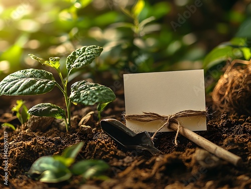 Obraz na płótnie A blank card in a garden setting with a shovel long title A blank white gift card tied to the handle of a shovel set amid lush greenery and plants w salonie