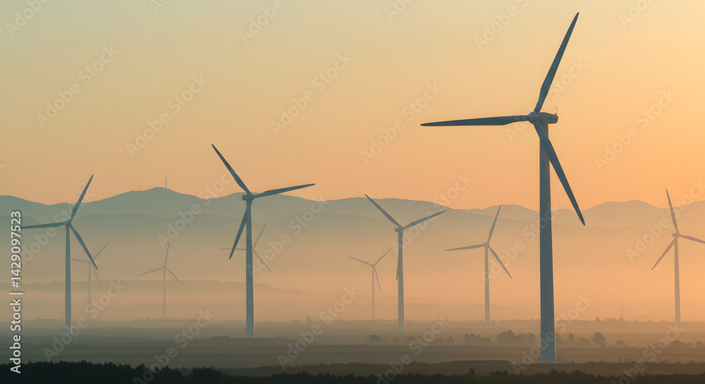 Fototapeta premium Renewable Wind Turbines at Sunrise Generating Clean Power Against Misty Hills in a Serene and Sustainable Field