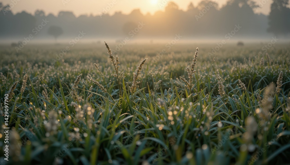 Fototapeta premium Morning Mist Over Dewy Grass Field at Sunrise with Warm Glow