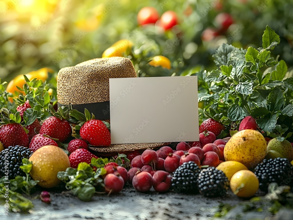 A display of fresh produce from a field with a blank gift card long title An assortment of seasonal fruits and vegetables including