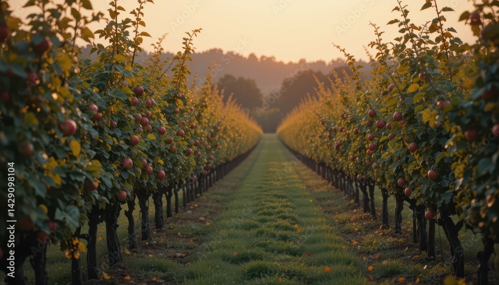 Naklejka premium Sunlit Vineyard Pathway with Fresh Apples and Lush Greenery