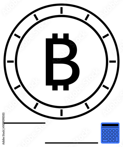 Bitcoin logo encased in a clock-thumbs up frame representing time and cryptocurrency. Blue calculator adds a finance concept. Ideal for blockchain, investment, saving, fintech, trading, economy