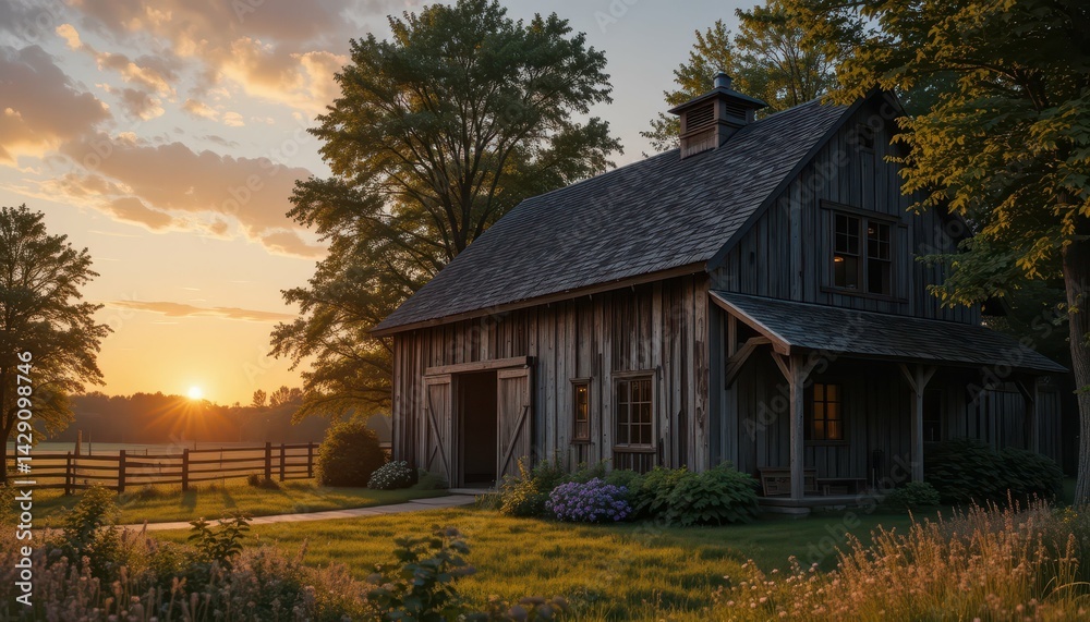 Obraz premium Rustic wooden barn at sunset with vibrant golden sky and trees