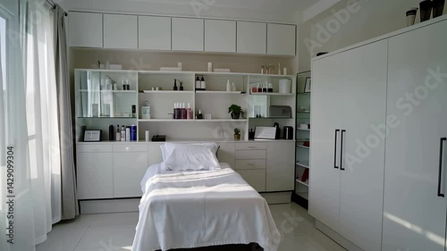 A clean, modern cosmetologist office designed in soft white tones, captured in a wide-angle view