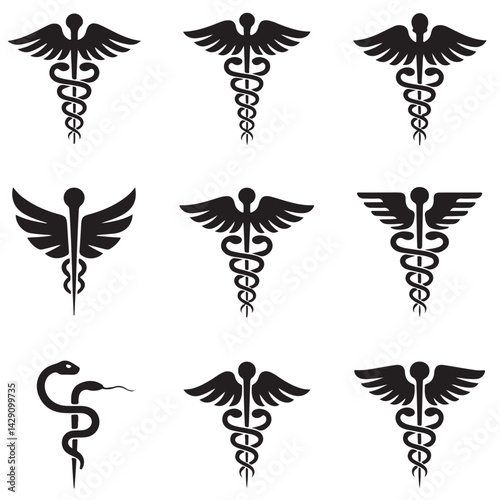 set of black various Caduceus Medical Symbol icon outline silhouettes
