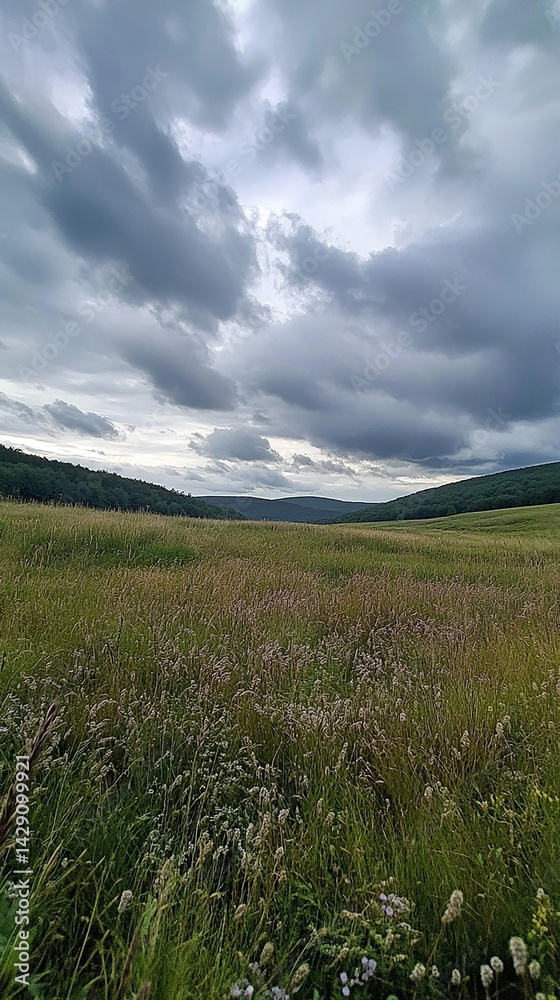 Fototapeta premium Cloudy Sky Over Tall Grass Field