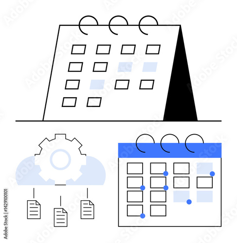 Calendar with marked events, cloud with gear symbolizing automation, linked documents. Ideal for scheduling, task tracking, project management, cloud services, productivity, automation digital