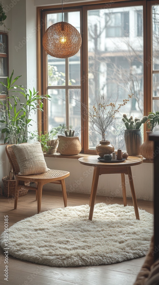 Fototapeta premium Cozy living room interior with wooden furniture plants and natural light.
