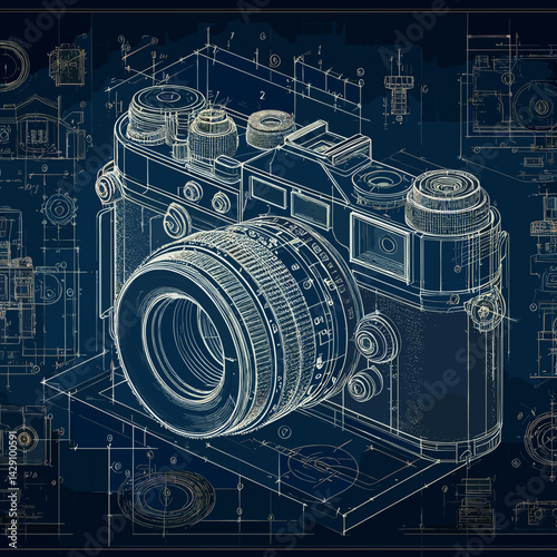 Detailed blueprint illustration of a vintage camera with technical drawings on a blue background