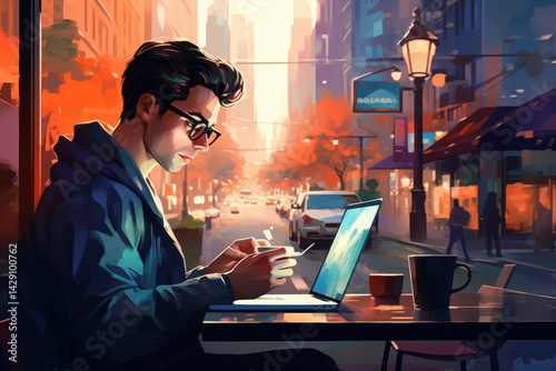 Man working on laptop at cafe