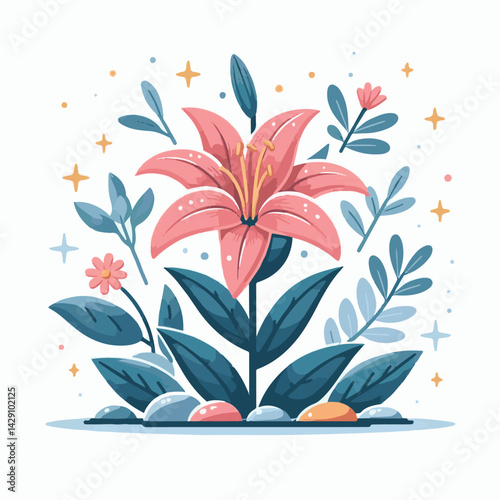 floral, lily, flower, nature, blossom, plant, white, background, spring, flora, bouquet, isolated, botanical, decoration, summer, botany, leaf, bloom, beautiful, green, closeup, petal, illustration, g