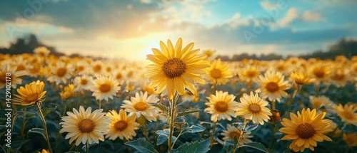 Field of sunflowers under a bright sky with sunlight shining through the clouds.