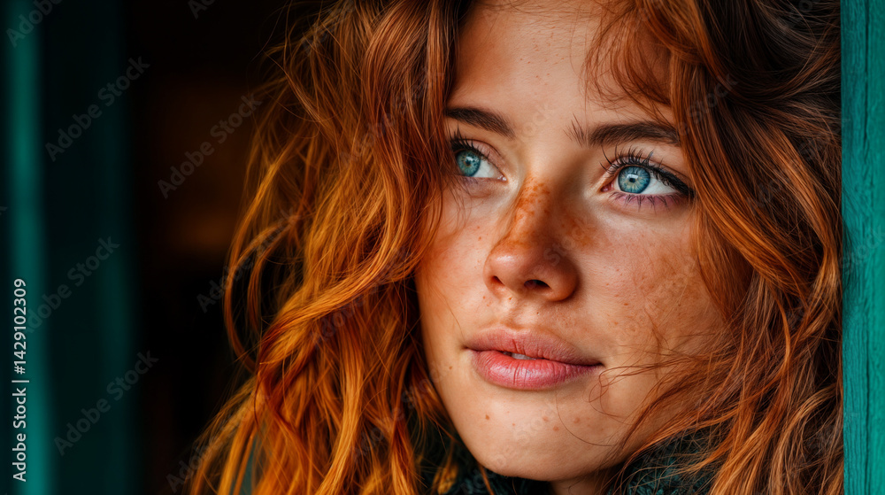 The image features a close-up of a person with striking blue eyes, rosy cheeks, and vibrant red hair
