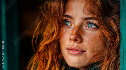 Obraz na płótnie The image features a close-up of a person with striking blue eyes, rosy cheeks, and vibrant red hair w salonie