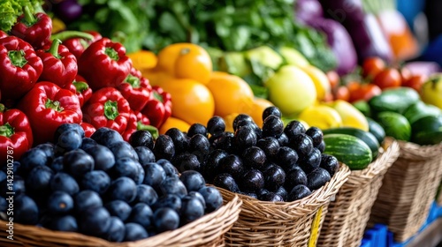 A basket of black grapes sits next to a basket of red peppers