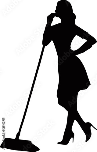 pose cleaning lady silhouette vector 